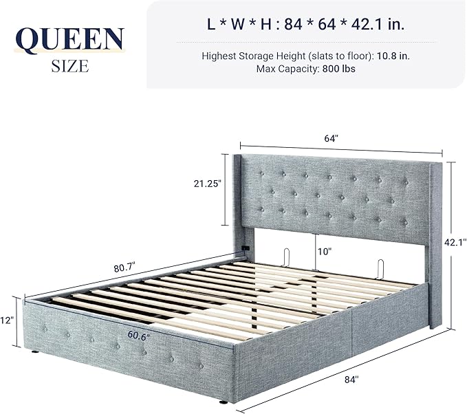 Allewie Queen Size Lift Up Storage Bed, Button Tufted Headboard with Wingback, Hydraulic Support, No Box Spring Needed, Grey Blue