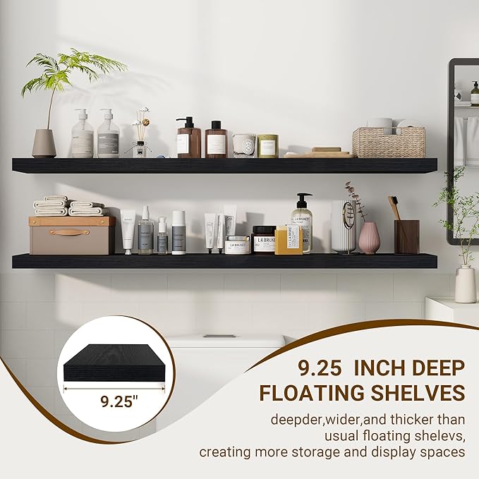 55 Inch Floating Shelves, 55"x9.25"x1.5" Inch Deep Floating Shelves for Wall, Wooden Shelves for Bathroom, Bedroom, Living Room, Black