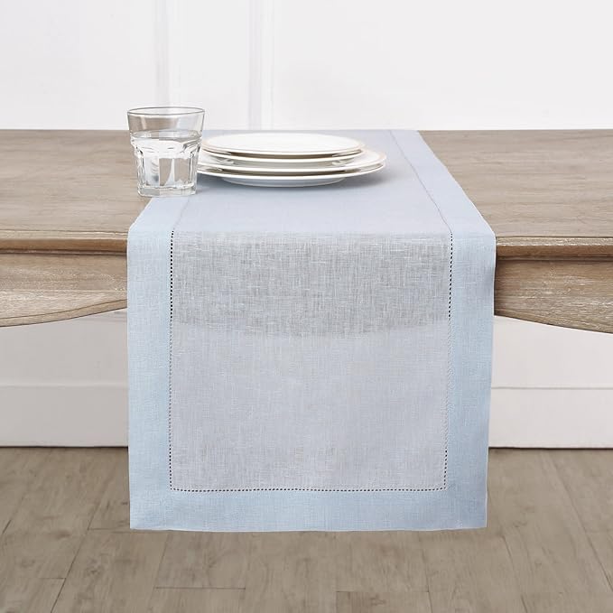 Solino Home Linen Light Blue Table Runner 60 Inches - Classic Hemstitch, 100% Pure Linen Coffee Table Runner 14 x 60 Inch Ideal for Dresser Tables