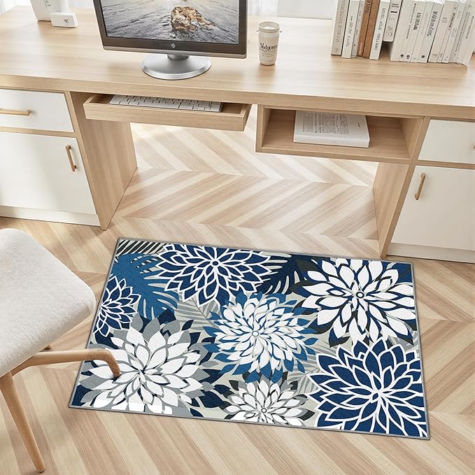 Area Rug 2x3 Blue White Washable Entry Small Rug Multicolored Tropical Botanical Modern Floral Indoor Kitchen Door Mat Entrance Carpet Non Slip for Bedroom Living Room, Porch