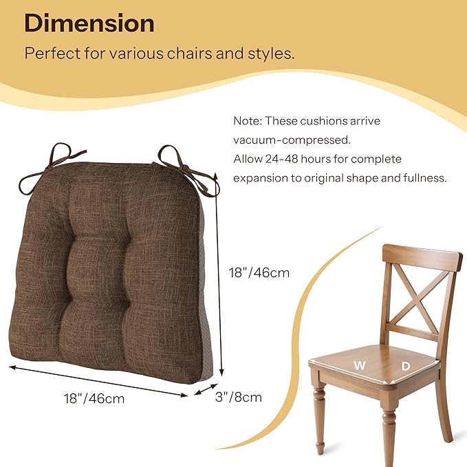Non Slip Chair Cushions for Dining Chairs Set of 4 Kitchen Chair Cushions 18"x18"x3" Turfted Chair Pads Comfortable and Soft Seat Cushion with Ties, Coffee