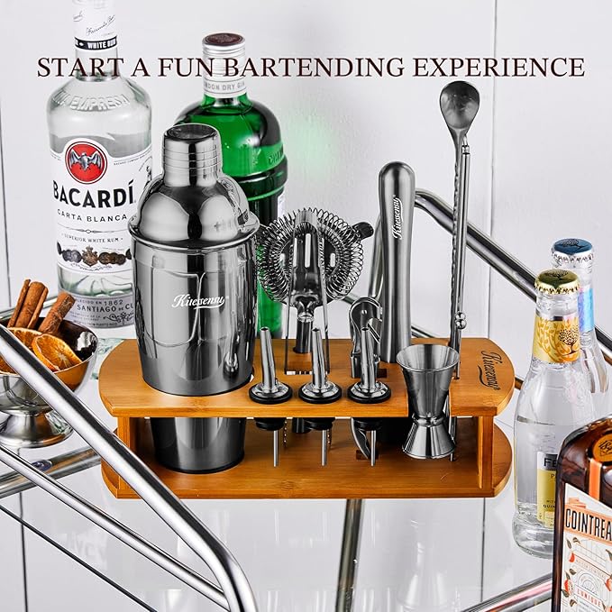 KITESSENSU Cocktail Shaker Set Bartender Kit with Stand | Bar Set Drink Mixer Set with All Essential Bar Accessory Tools: Martini Shaker, Jigger, Strainer, Mixer Spoon, Muddler, Liquor Pourers | Black