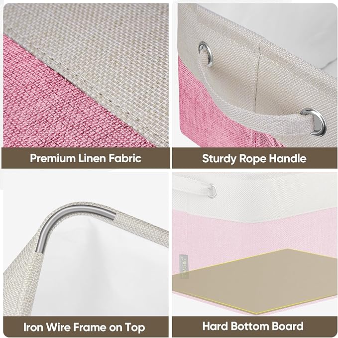 BALEINE 2 Pack Fabric Storage Bins for Shelves, Linen Storage Baskets for Organizing, Decorative Closet Bins for Clothes, Home (Pink, 12"x8"x8")