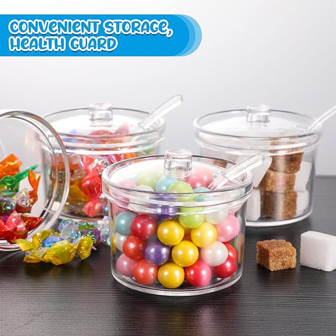 Patelai 4 Pieces Sugar Bowl Acrylic Clear Sugar Bowl with Lid and Salt Spoon Storage Jar with Airtight Lid for Salt, Tea, Spices, Herbs, Condiments(7.1 oz)