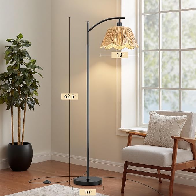 Oneach Arc Floor Lamp for Living Room,Rattan Boho Floor Lamp with Hand-Woven Wicker Shade, Foot Switch,Black Metal Base & Pole,Farmhouse Standing Lamp for Bedroom Corner,Reading