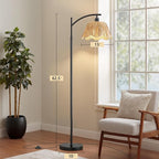 Oneach Arc Floor Lamp for Living Room,Rattan Boho Floor Lamp with Hand-Woven Wicker Shade, Foot Switch,Black Metal Base & Pole,Farmhouse Standing Lamp for Bedroom Corner,Reading