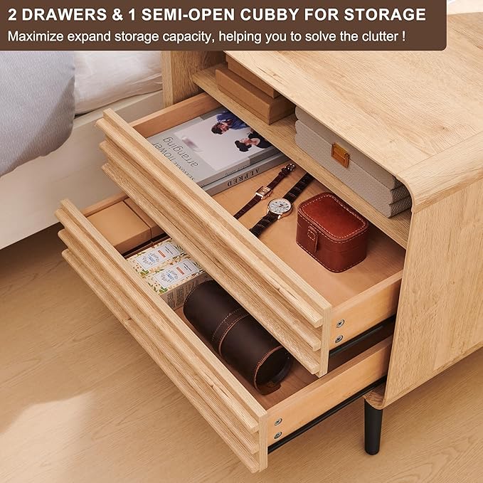 RedLemon 24 Inch Nightstand Set of 2 with Charger Station - Natural Oak
