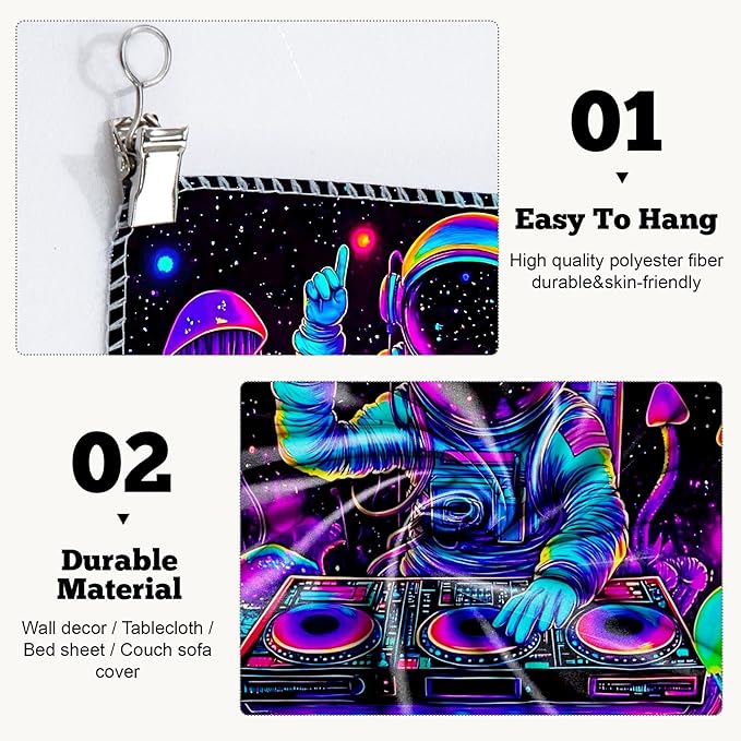 BVBOX Astronaut Space Blacklight Tapestry 79"x59", UV Reactive Astronaut DJ Universe Galaxy Planet Glow in Dark Music Tapestries, Black Light Neon Upright Poster Wall Hanging Backdrop Decor for Bedroom Living Room