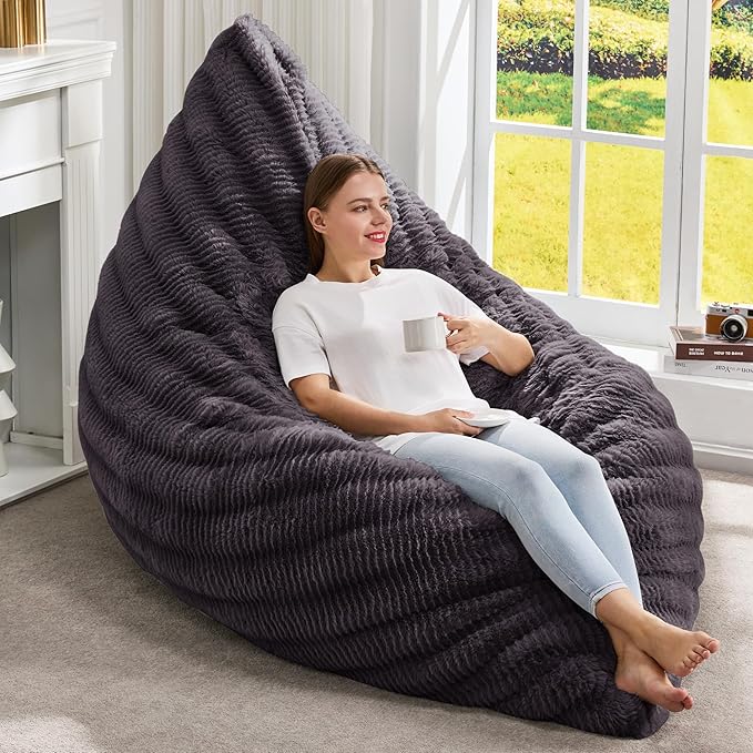 Hobestluk 3 in 1 Bean Bag Chair Giant Bean Bag Chairs for Adults with Ripple Cover Convertible Bean Bag Floor Cushion with Machine Washable Cover for Living Room (Ripple Dark Grey)