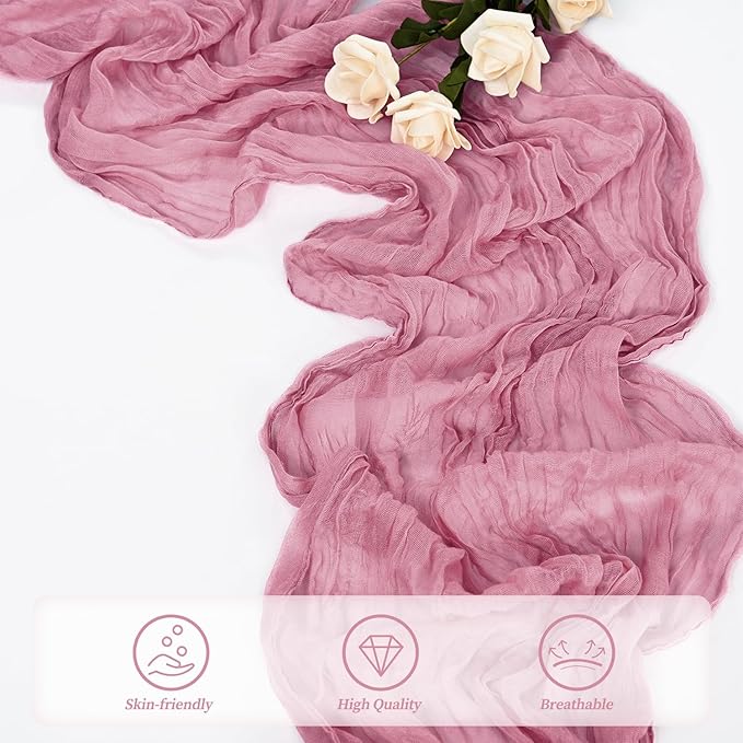 6 Pack Dusty Rose 10FT Cheesecloth Table Runner 20 x 120 Inch Long Rustic Gauze Fabric Cheese Cloth Table Runner for Wedding Bridal Baby Shower Table Decorations Boho Sheer Birthday Party Table Decor