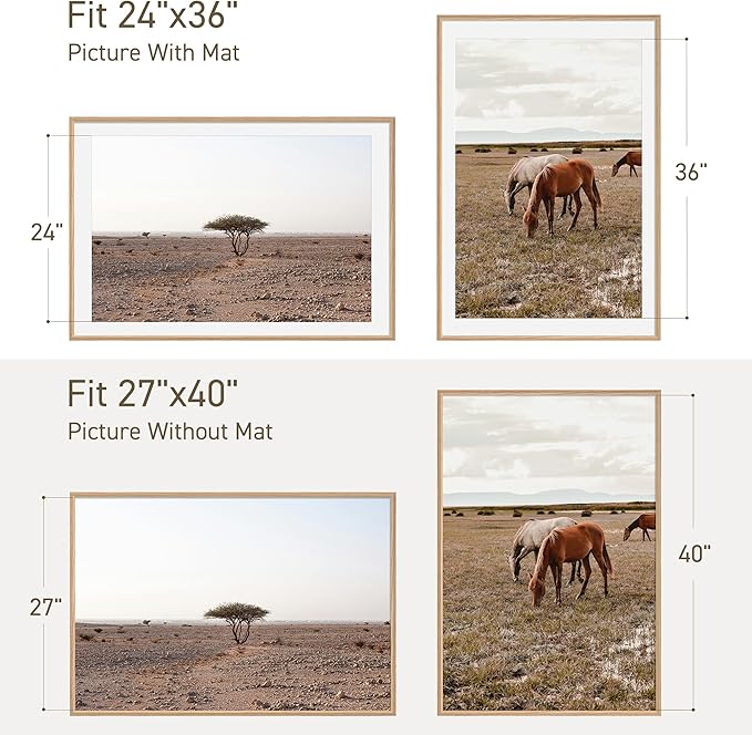 27x40 Poster Frame Set of 2 Natural Solid Oak Photo Frames with 24x36 Removable Mat Wall Hanging Large Handcrafted Frame with HD Plexiglass Wall and Tabletop Display Large Picture Frame