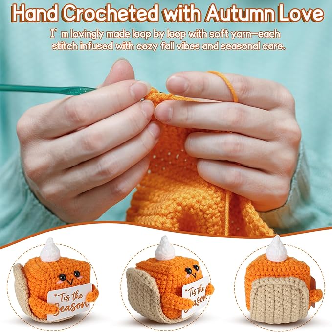 Tis The Season Fall Decor | Mini Crochet Pumpkin Pie Plush | Small Handmade Autumn Halloween Thanksgiving Items for Home Office Indoor Table Decoration Christmas Stocking Stuffer Ornament