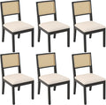 Westice Rattan Dining Chairs Set of 6, Farmhouse Natural Dining Room Chairs with Upholstered Cushion, Wood Armless Chairs for Kitchen/Restaurant, Black