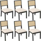 Westice Rattan Dining Chairs Set of 6, Farmhouse Natural Dining Room Chairs with Upholstered Cushion, Wood Armless Chairs for Kitchen/Restaurant, Black