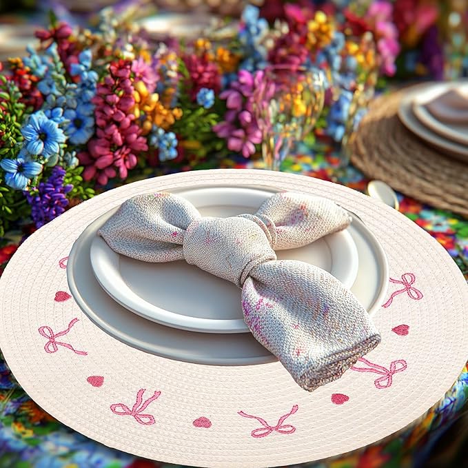 Whaline 4Pcs Round Placemats White Pink Bow Embroidered Place Mats Coquette Bowknot Heart Dinner Table Mats for Home Wedding Baby Shower Birthday Party Decor