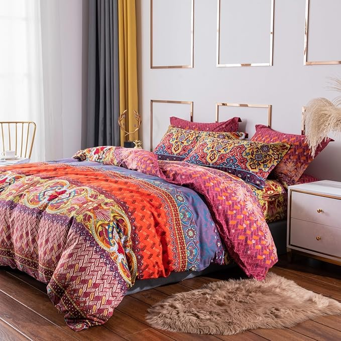 ABREEZE Bohemian Duvet Cover Set Colorful Orange Boho Retro Bedding Set Damask Paisley Cotton Duvet Cover Tribal Reversible Bedding Exotic Style Comforter Cover 3-Piece King