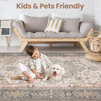 Washable Area Rugs for Living Room - 7x9 Neutral Vintage Distressed Floral Farmhouse Boho Large Soft Floor Rug Indoor Non Slip Carpet for Living Room Bedroom Dining Room Office - Forest Green Orange