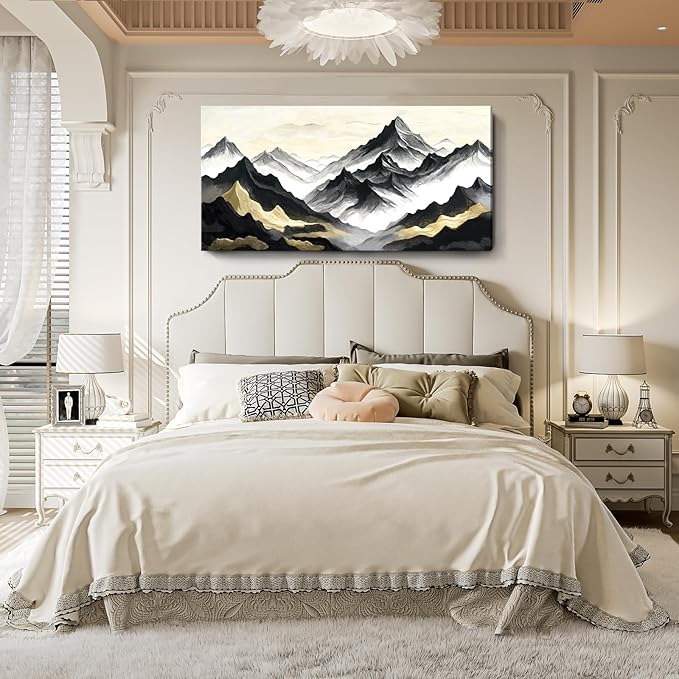 amatop Oversized Wall Art for Living Room Modern Extra Large Abstract Inspirational Mountain Black Gold Canvas Print Landscape Artwork Zen Scenery Picture for Bedroom Office Horizontal Decor 58x29 Inch