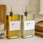 Olive Oil Dispenser Bottle - Includes 44 Kitchen Essential Labels - Cooking Oil Bottles for Kitchen, Coffee Syrup Dispenser - Pourer Spout with 11.8 fl oz Glass Container Cruet - 2pcs, Gold