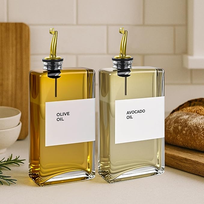 Olive Oil Dispenser Bottle - Includes 44 Kitchen Essential Labels - Cooking Oil Bottles for Kitchen, Coffee Syrup Dispenser - Pourer Spout with 11.8 fl oz Glass Container Cruet - 2pcs, Gold