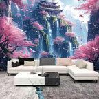FENDROM Japanese Aesthetic Pink Cherry Blossom Tree Tapestry Building On Mountains Waterfall River Fairytale World Asian Art Tapestry for Bedroom Living Room