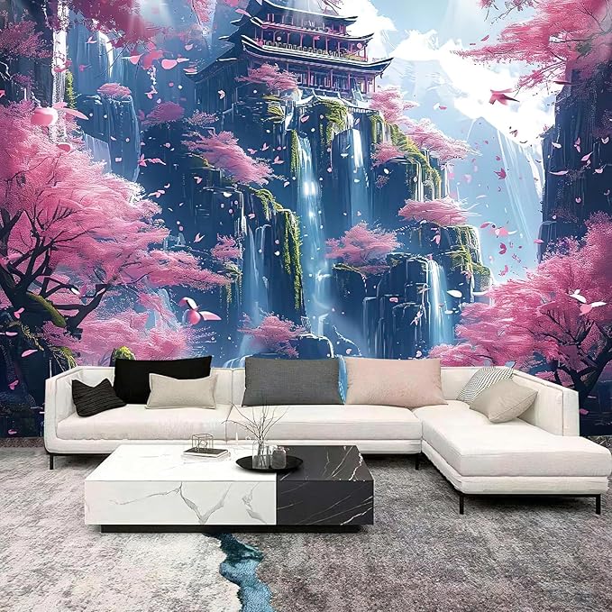 FENDROM Japanese Aesthetic Pink Cherry Blossom Tree Tapestry Building On Mountains Waterfall River Fairytale World Asian Art Tapestry for Bedroom Living Room