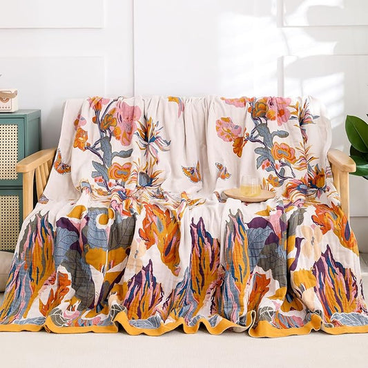 Snycler Boho Throw Blanket for Bed - 100% Cotton Ultra Soft Rustic Quilt - Watercolour Floral Printed Farmhouse Decor Bed Fall Blankets,80"×90" All Season Rustic Throw for Sofa Couch Chair