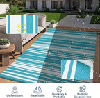 Outdoor Patio Rug 9x12 Stain-Resistant Reversible Camping Mat, Modern Striped Outdoor Plastic Straw Rug, Waterproof Outside Carpet, Easy to Clean for RV, Porch, Deck, Balcony, Light Blue