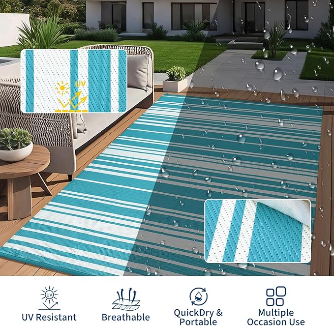 Outdoor Patio Rug 9x12 Stain-Resistant Reversible Camping Mat, Modern Striped Outdoor Plastic Straw Rug, Waterproof Outside Carpet, Easy to Clean for RV, Porch, Deck, Balcony, Light Blue