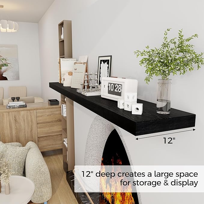 Fun Memories 72 Inch Floating Shelf, 12 Inch Deep Wall Shelf for Fireplace Mantel, Deep Storage Shelves for Home & Office, Wall Shelves with Invisible Bracket, Black, Set of 1