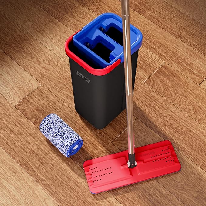 JOYMOOP Mop and Bucket Set for Home, Hands-Free Self-Cleaning System, with 5 Reusable Microfiber Mop Pads, Suitable for Floor Cleaning and Wall Cleaner - Black+Red+Slate Blue
