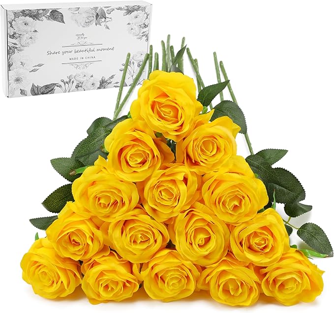 Yellow Fake Roses Artificial Flowers - 16 Pcs Fake Artificial Roses Silk Flowers with Stems for Home Wedding Hotel Office Centerpiece Decor