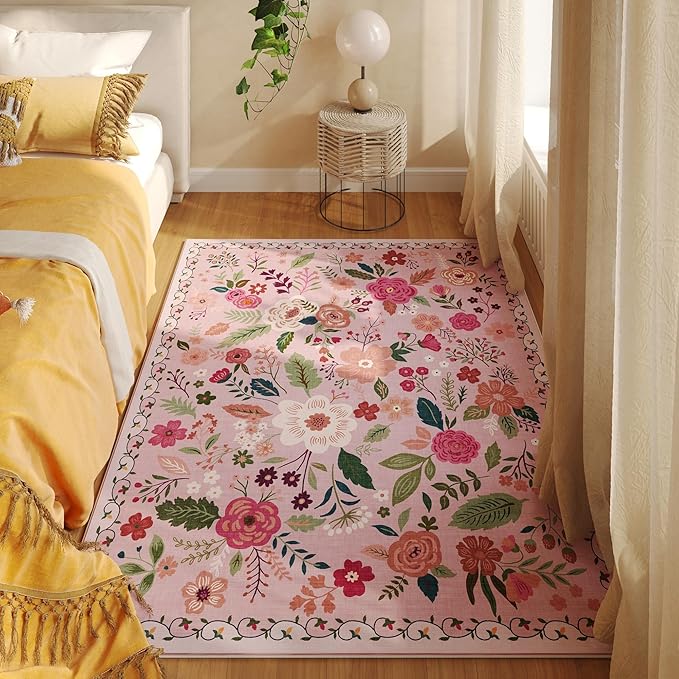 Area Rug 4x6 Rug Washable Boho Rugs Non Slip Low Pile Floral Small Carpet for Bedroom, Bedside, Kids Room, Office, Dining Room(Pink)