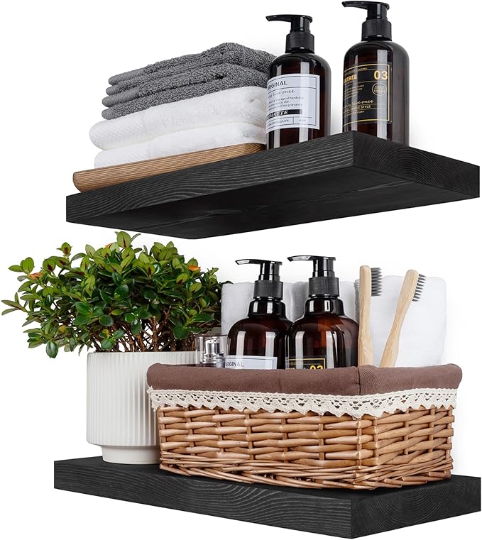 BGMG Wood Floating Shelves 16 inch, Wide Rustic Wooden Wall Shelves for Bathroom Living Room Bedroom Kitchen Farmhouse Set of 2-16x 6.7 x1.25 inch- Black