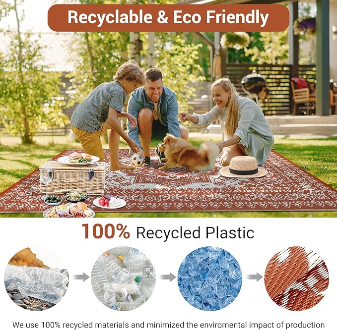GAOMON Outdoor Rug for Patio 9x18 Waterproof Reversible Plastic Straw Rug, Large UV-Resistant Portable RV Camping Mats, Indoor Outdoor Medallion Carpet for Outside Deck Porch Garden, Red & White