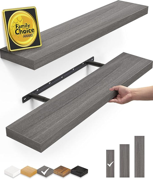 BAYKA Floating Shelves, 22.5" Wall Mounted Wood Shelves for Bathroom, Bedroom, Living Room, Kitchen, Hanging Shelf for Books/Storage/Decor (Grey,Set of 2)