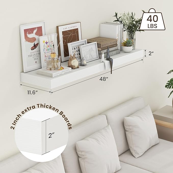 White Floating Shelves for Wall - 48 Inch Wide x 12 Inch Deep Wall Shelves Set of 1 - Rustic Wood Shelves for Living Room, Bathroom, Laundry Room, Bedroom, Kitchen, Home Office