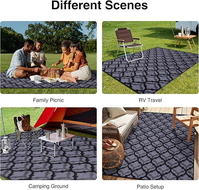 OLANLY Reversible Outdoor Rug 9x12 ft Clearance, Waterproof Outdoor Plastic Straw Rug with Interlacing Pattern, RV Mat for Patio, Camping, Balcony, Deck, Backyard, Black & Grey