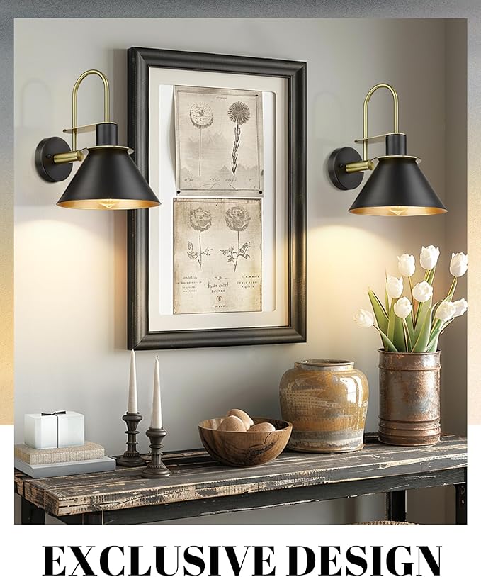 Black Wall Sconce, HWH Industrial Indoor Wall Light Fixture, Single Wall Vanity Light Gooseneck Barn Wall Sconce Lamp for Bedroom Kitchen, Black and Gold Finish, 5HZG56B-L BK+BG