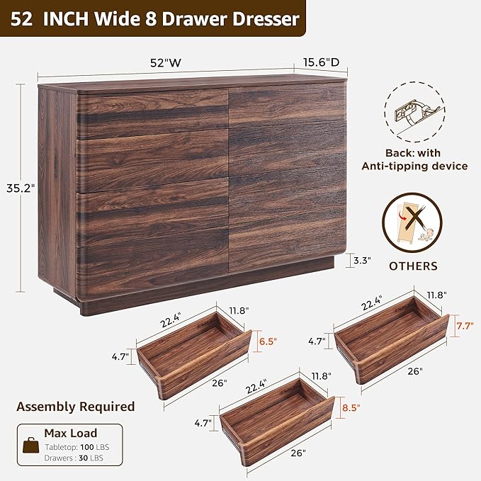 8 Drawer Dresser for Bedroom, 52 Inch Wide Modern Chest of Drawers, Push-to-Open Wood Storgae Organizer with Large Drawers for Bedroom, Living Room, Hallway,Brown