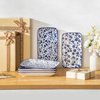 vancasso Selene 9.5 Inch Rectangular Dinner Plates Set of 6, Ceramic Salad Plates for Dessert, Appetizer, Porcelain Serving Platters for Entertaining, Microwave & Oven Safe, Vintage Blue & White Color