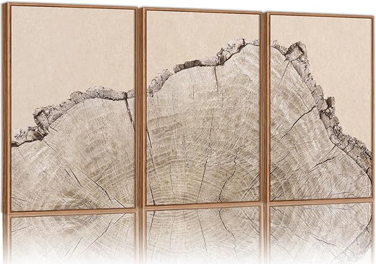 SIGNINART Large Tree Ring Framed Canvas Wall Art Set, Rustic Beige Wooden Wall Decor, Neutral Nature Wood Stump Artwork, Modern Art Prints for Bedroom Living Room Office 24"x36"x3