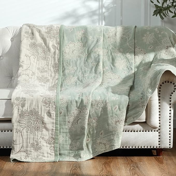 jinchan Boho 100% Cotton Muslin Twin Size 50x60 Inches Blanket Lightweight 4-Layer Quilted Soft Green and Beige Floral Throw Blanket Reversible Comfy Flower Breathable All Seasons Couch Bedroom Decor