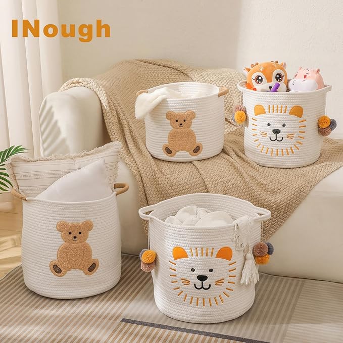Large Blanket Baskets for Living Room Decor, Toy Storage Baskets Woven Cotton Rope Animal Storage Basket for Kids, Dog Toys Organizer Clothes Hamper with Embroidery Decor for Nursery (Large, Lion)