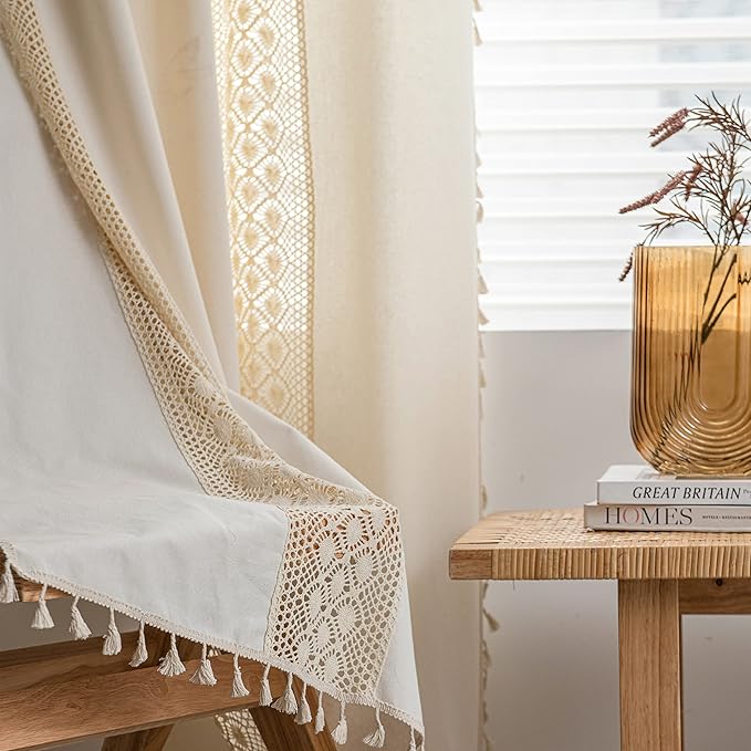Sutuo Home Boho Curtain Crochet Dots Patchwork Semi-Blackout Bohemian Handmade Tassels, Rod Pocket Window Treatment Vintage Rustic Farmhouse Drapes for Living Bedroom, 1 Panel 59" W x 84" L, Beige