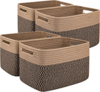 OIAHOMY 4 Pack Storage Baskets for Organizing, Basket for Shelves with Handle, Woven Baskets for Storage Toys, Towels, Books, Cotton Rope Basket 13" L x 9 " W x 7.8 " H, Brown & Black