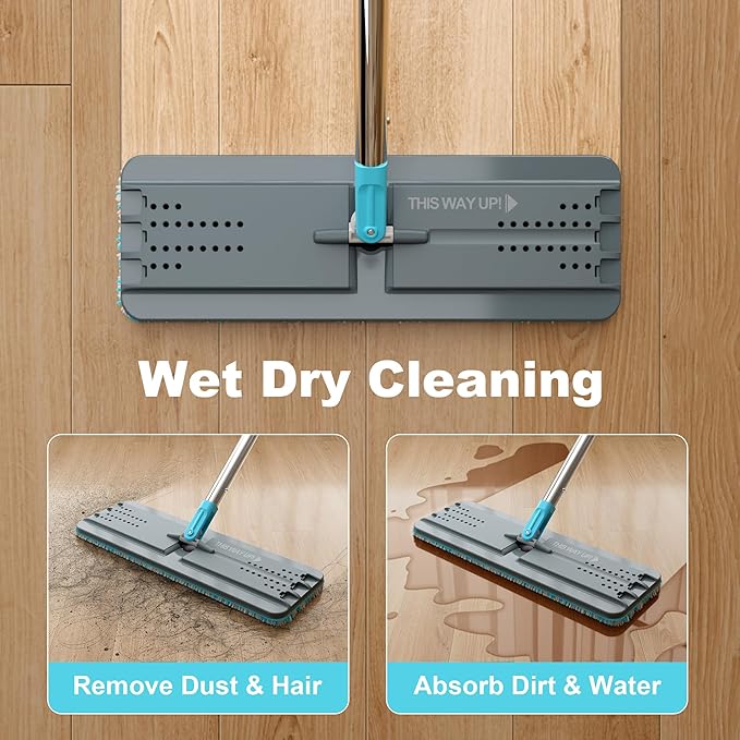 JOYMOOP Mop and Bucket Set with Wringer, with 5 Reusable Microfiber Mop Pads, Mops for Floor Cleaning and Wall Cleaning, Hands-Free Flat Mop for Home Use - Grey+Cyan Blue
