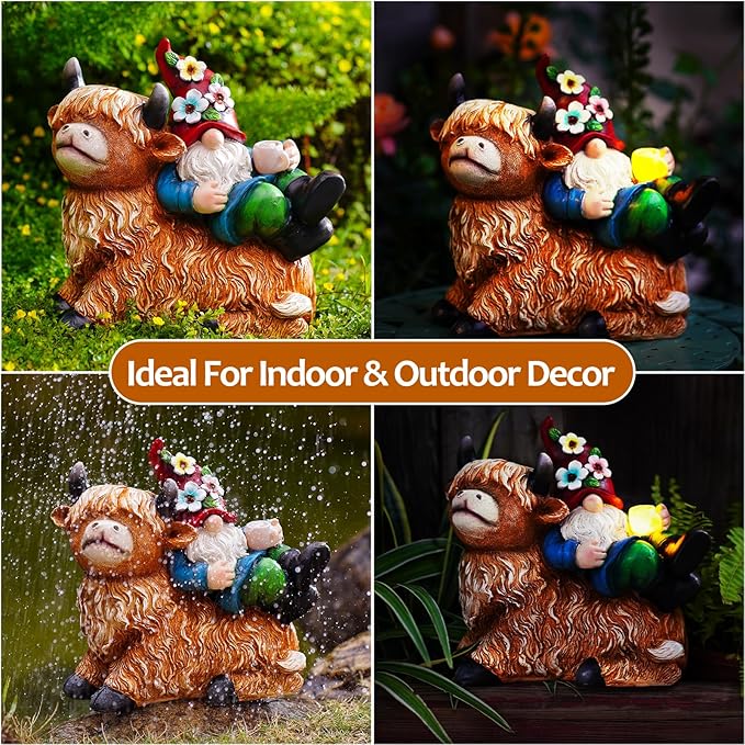 Garden Gnomes Decor Outdoor Statues Gnome on Highland Cow Hold Solar Cup Light Outdoor Decorations for Patio,Yard and Gift for Mom