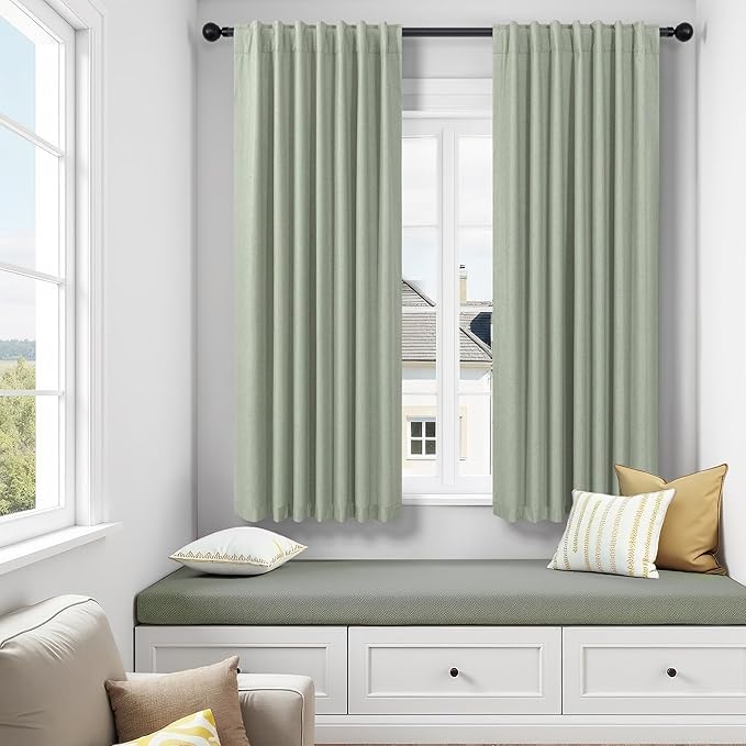Small Short Blackout Curtains 54 Inch Length for Bedroom 2 Panels Back Tab Pleated Light Sage Green Room Darkening Insulated Thermal Drapes Window Treatment Curtain Panels for Living Room Boho Decor