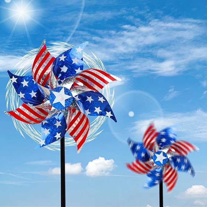 Hausse 10 Pack Reflective Pinwheels Patriotic Decorations, American Flag on Stick Wind Spinner with Stake for Independence Day, Memorial Day July of 4th Party Supplies, Scare Birds Repellent Devices